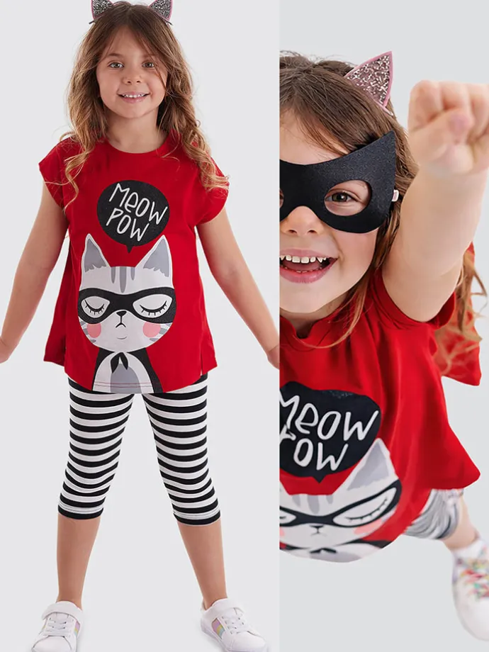 2-delige outfit "Meow Pow" rood/zwart