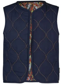Doorgestikte bodywarmer "Ginny" donkerblauw/bruin/geel