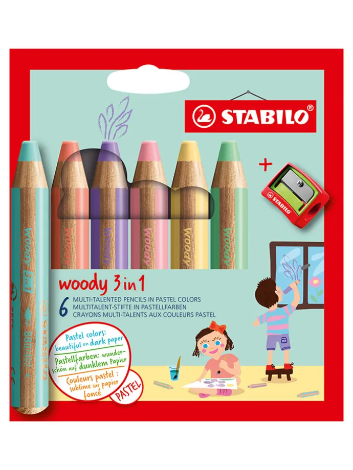 3-in-1 kleurpotloden, waterverf en waskrijt "STABILO woody 3 in 1" - 6-pack
