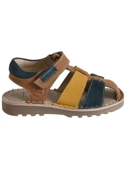 Leren sandalen lichtbruin/blauw/geel