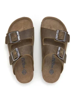 Leren slippers kaki