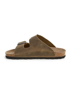 Leren slippers kaki