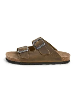 Leren slippers kaki