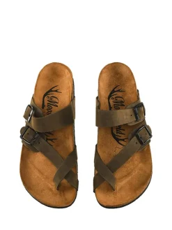 Leren teenslippers kaki